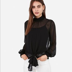 NWT Express Smocked Tie-Front Sheer Turtleneck